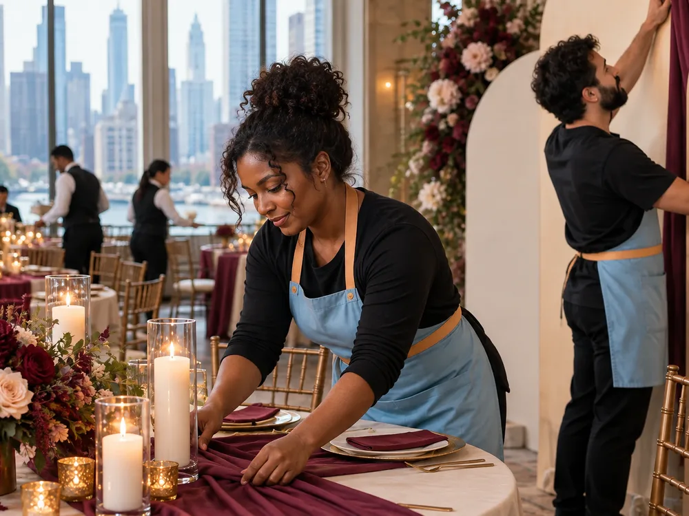 Decorator team aligning table runners, candles, and neutral backdrop panels while coordinating with venue staff