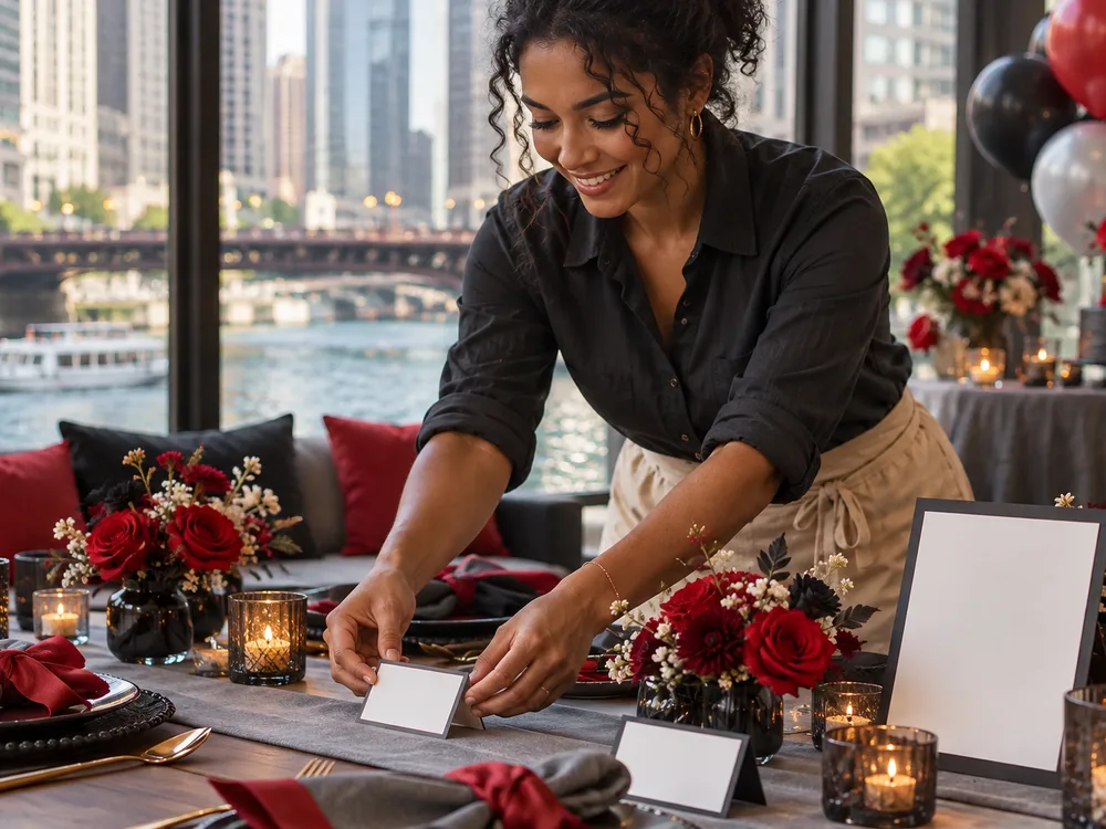 Hands assembling a coordinated bachelorette table vignette with place cards, themed napkins, florals, and signage
