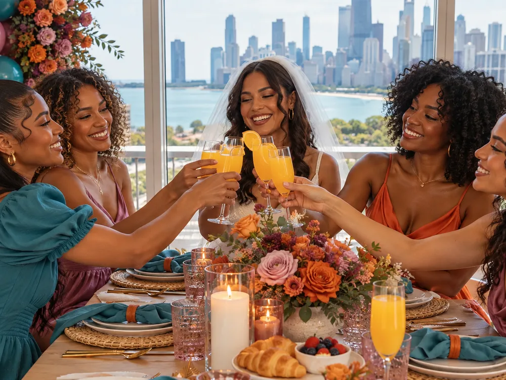 Bachelorette brunch table with coordinated place settings, small florals, menu cards, and a daylight-friendly centerpiece