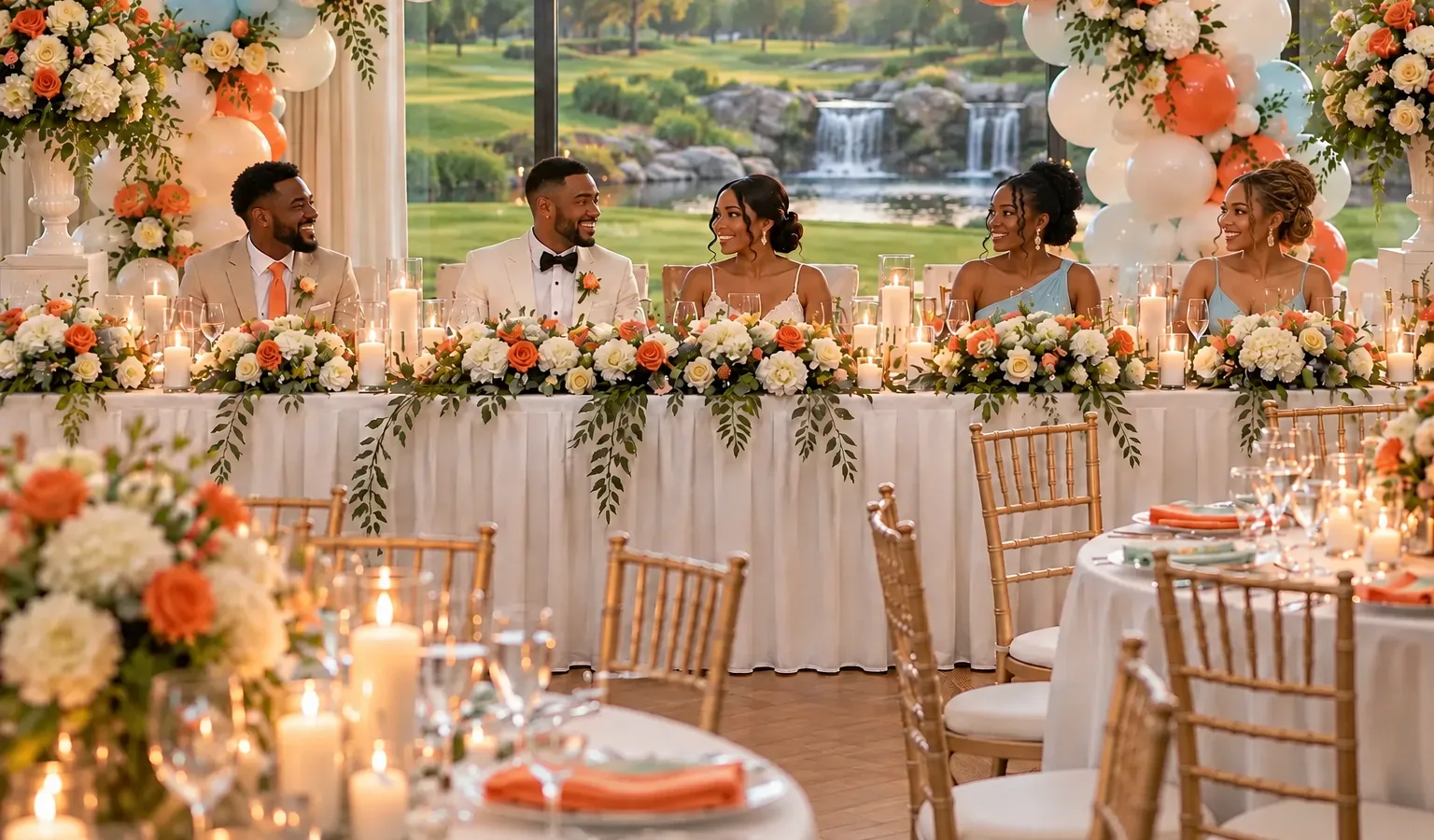 Chicago wedding reception with a fully dressed head table, florals, candles, and coordinated neutral linens