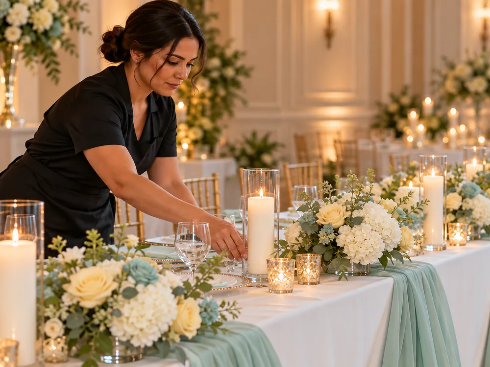 Wedding head table with layered linens, candles, and floral accents arranged with clean symmetry