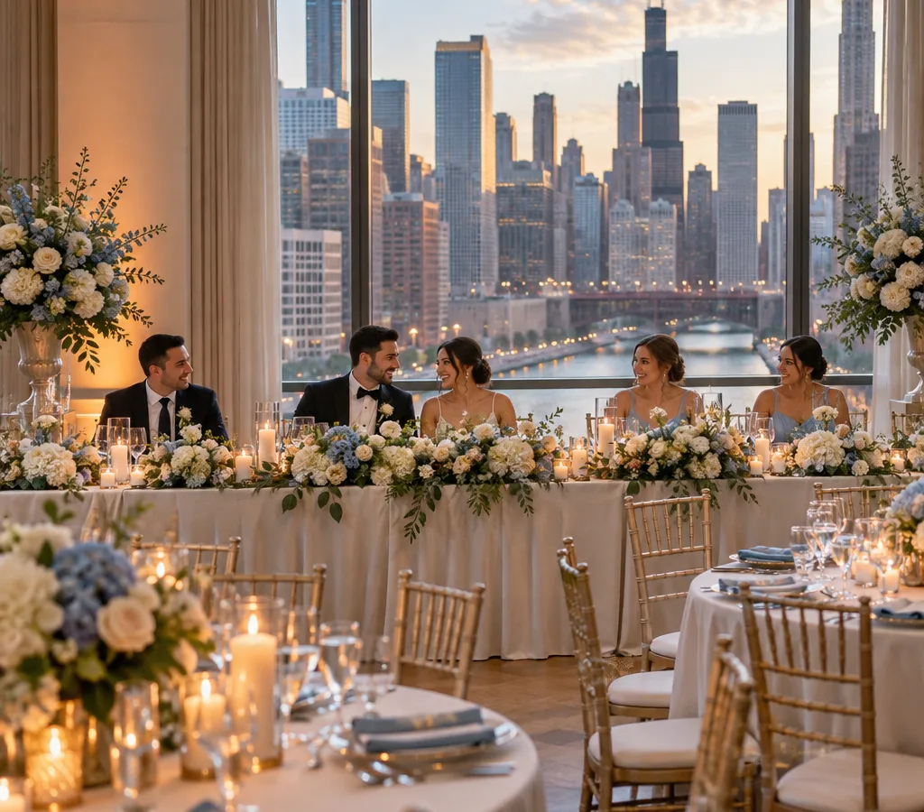 Styled wedding reception moment with coordinated floral centerpieces, linens, and candlelight arranged for a Chicago venue