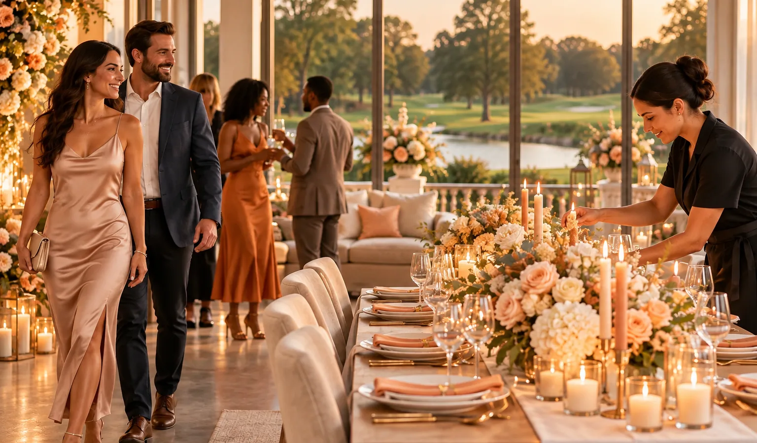 Chic Chicago indoor party with styled tables, coordinated florals, candlelight, arriving guests, and a planner making final adjustments