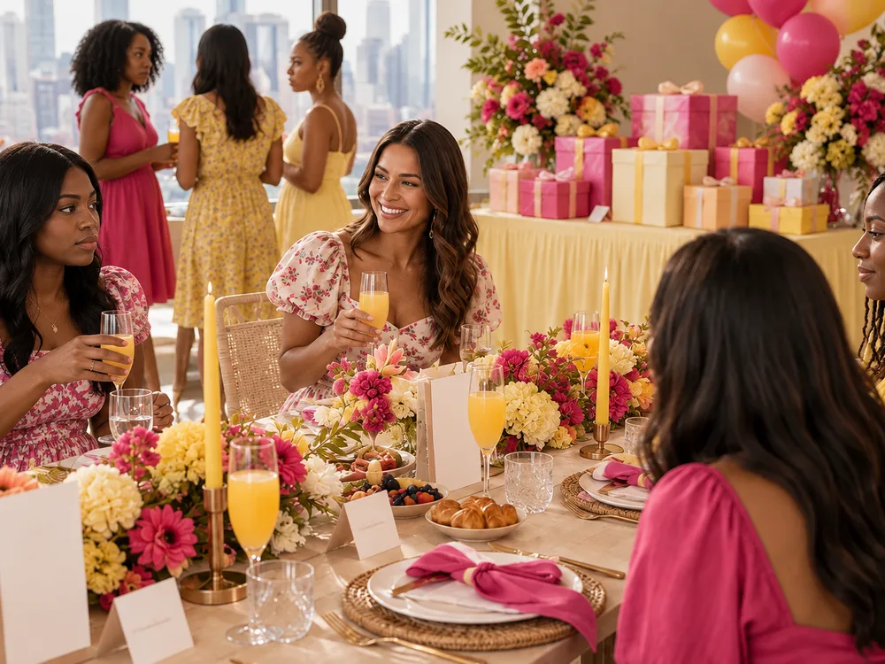 Shower brunch with place cards, menu cards, and a styled gift table positioned for clear traffic flow and photos